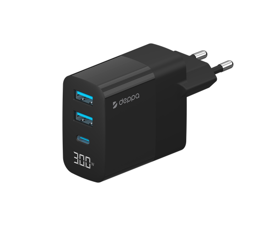  CЗУ USB A + USB-C, PD, QC 3.0, 30W, дисплей, черный, Deppa, 11395 