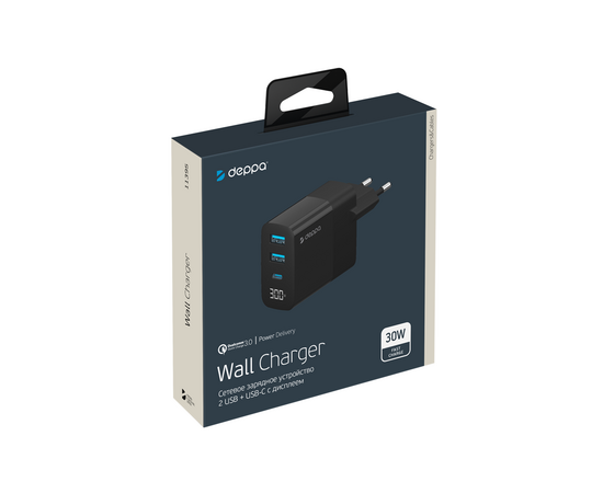  CЗУ USB A + USB-C, PD, QC 3.0, 30W, дисплей, черный, Deppa, 11395 